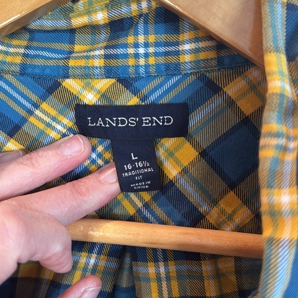 Lands end blue and yellow plaid button up shirt. Worn once. - Picture 2 of 3